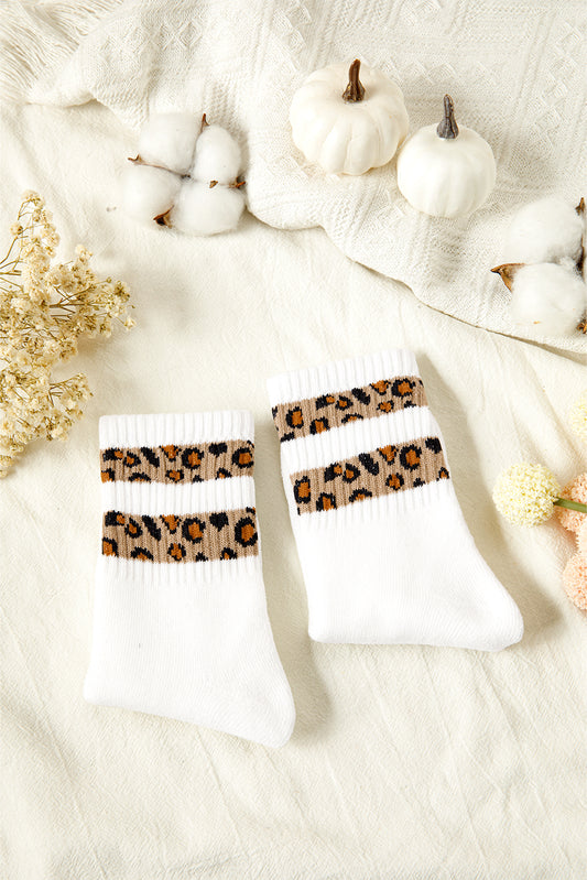 White Leopard Double Stripe Crew Socks