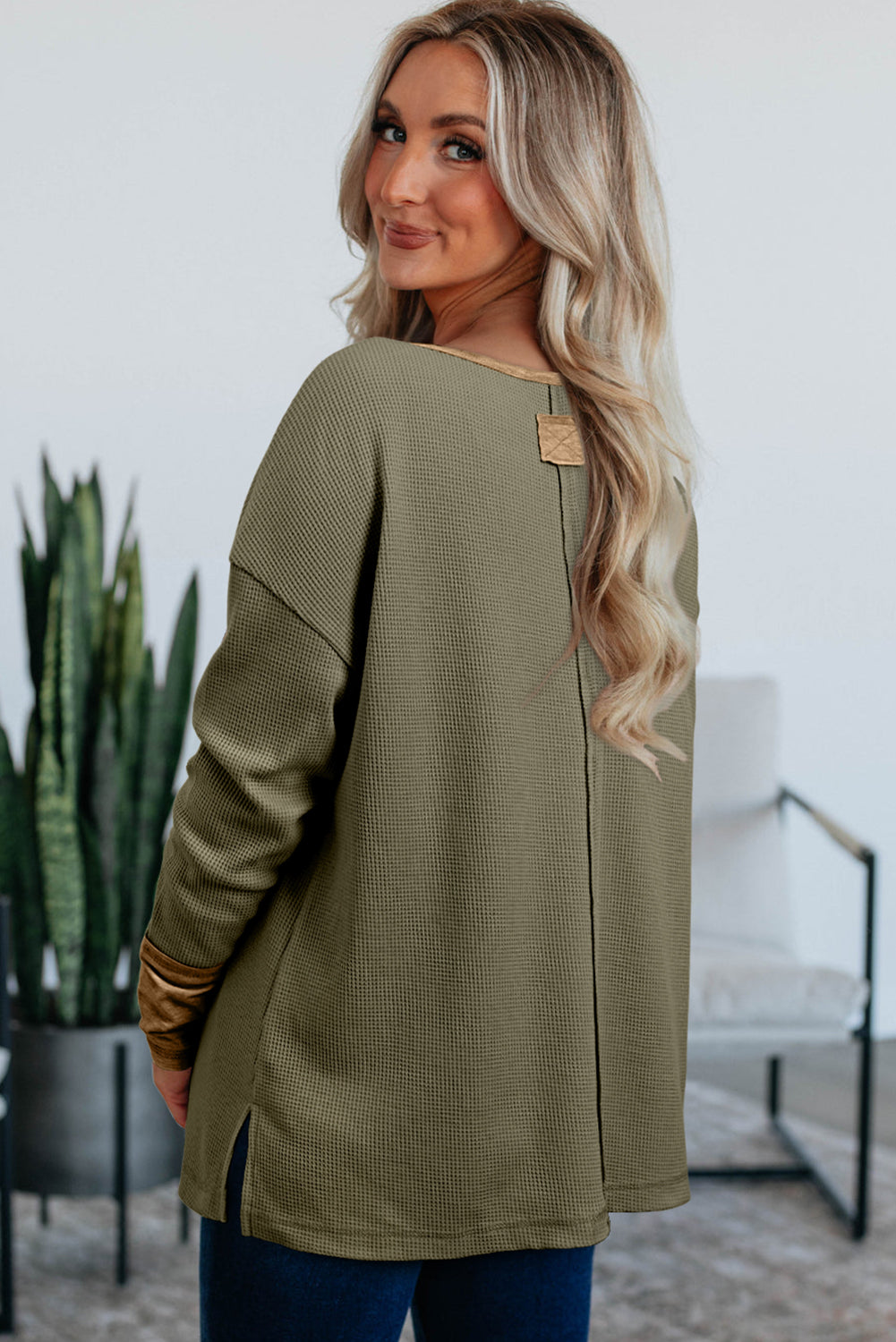 Mya Vineyard Green Waffle Textured Patchwork Tunic Henley Top