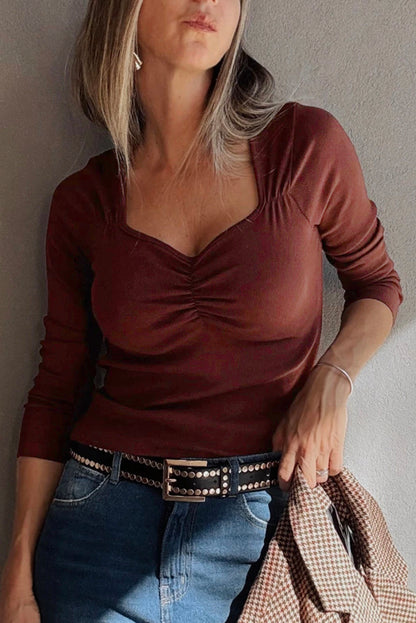 Burgundy Ruched Sweetheart Neck Ribbed Long Sleeve Top