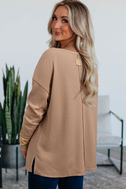 Mya Dark Khaki Waffle Textured Patchwork Tunic Henley Top