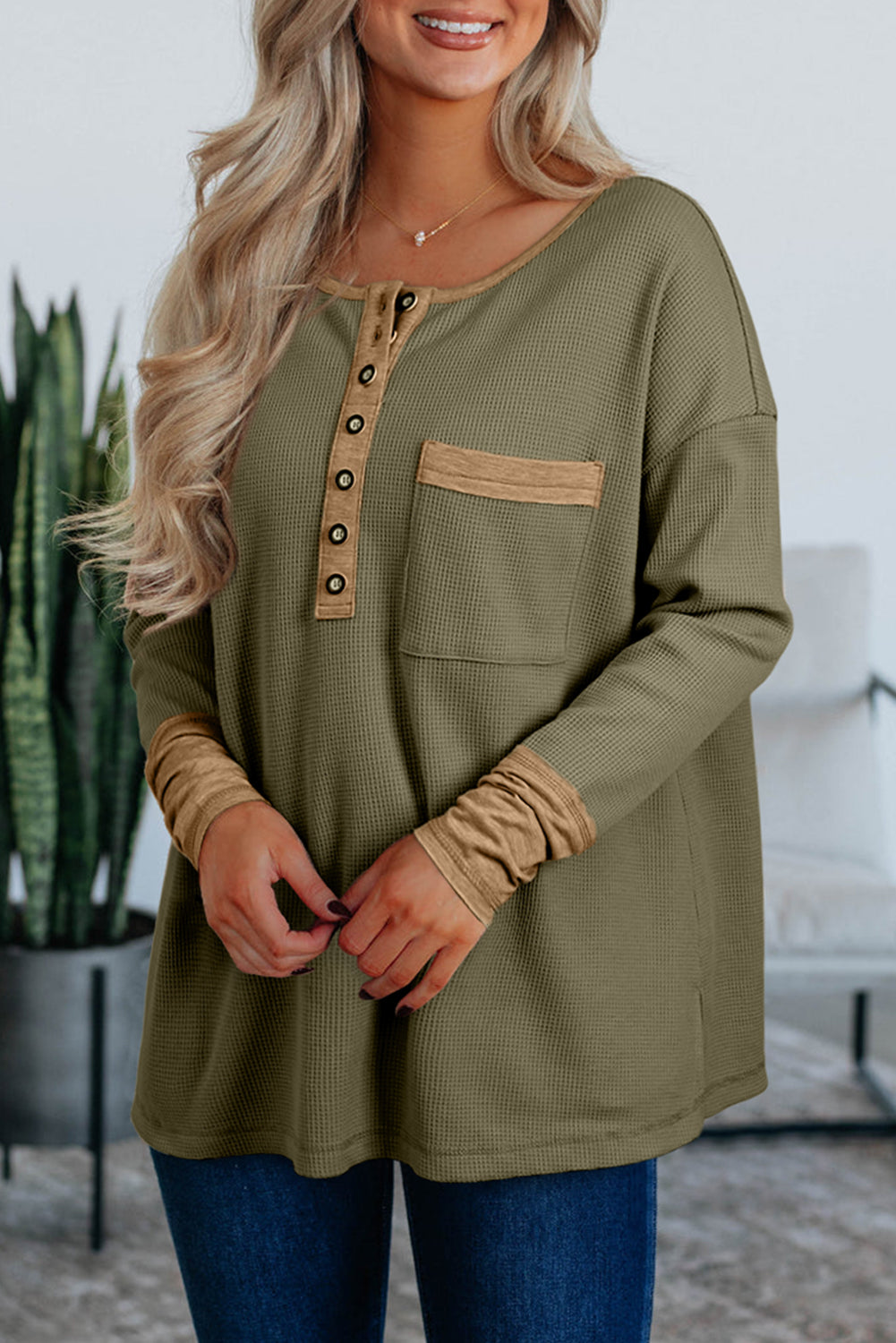 Mya Vineyard Green Waffle Textured Patchwork Tunic Henley Top