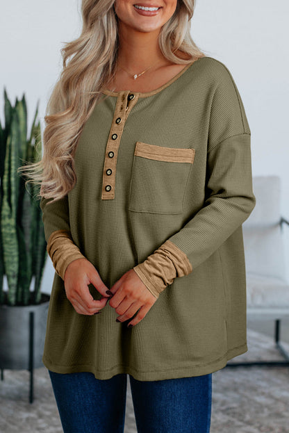 Mya Vineyard Green Waffle Textured Patchwork Tunic Henley Top
