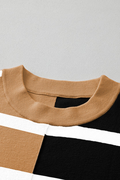 Kandy Light Beige Striped Colorblock Drop Shoulder Sweater