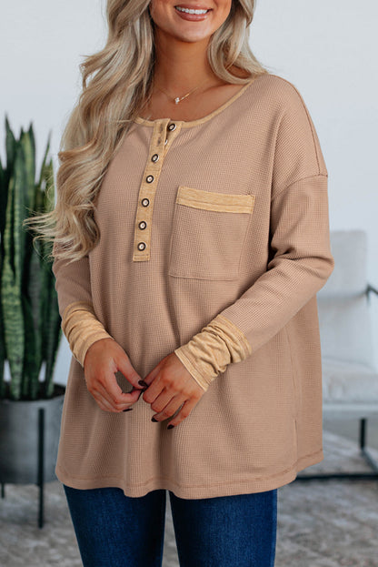 Mya Dark Khaki Waffle Textured Patchwork Tunic Henley Top