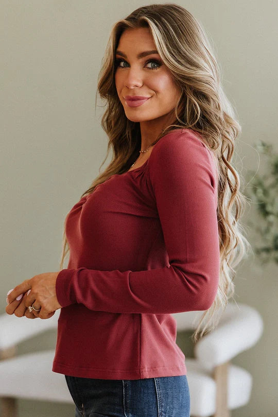 Burgundy Sweetheart Neck Ribbed Long Sleeve Top